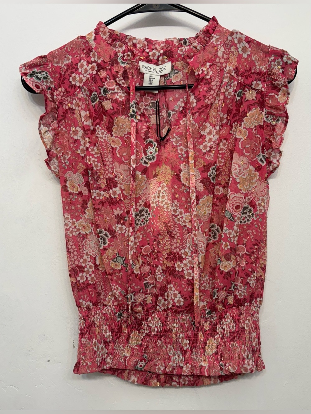 Rachel Zoe Gold & Pink Floral Ruffled Cap-Sleeve Blouse Women’s Size Small NWT